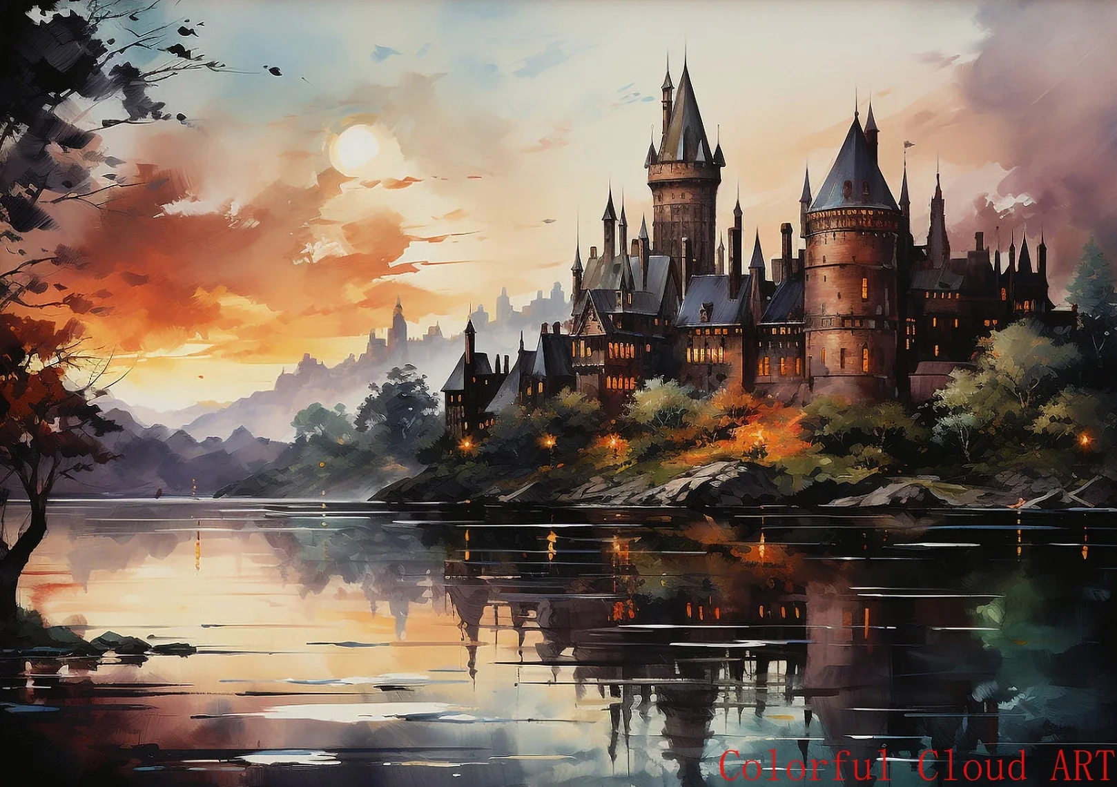 Plakat dark academia - magiczny zamek i pociąg Wzór 8