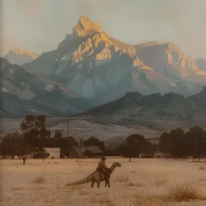 Plakat dinozaur kowboj w stylu vintage western Jasnożółty