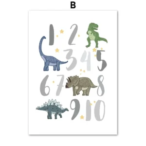 Plakat z dinozaurami - alfabet i liczby do pokoju dziecięcego żółty