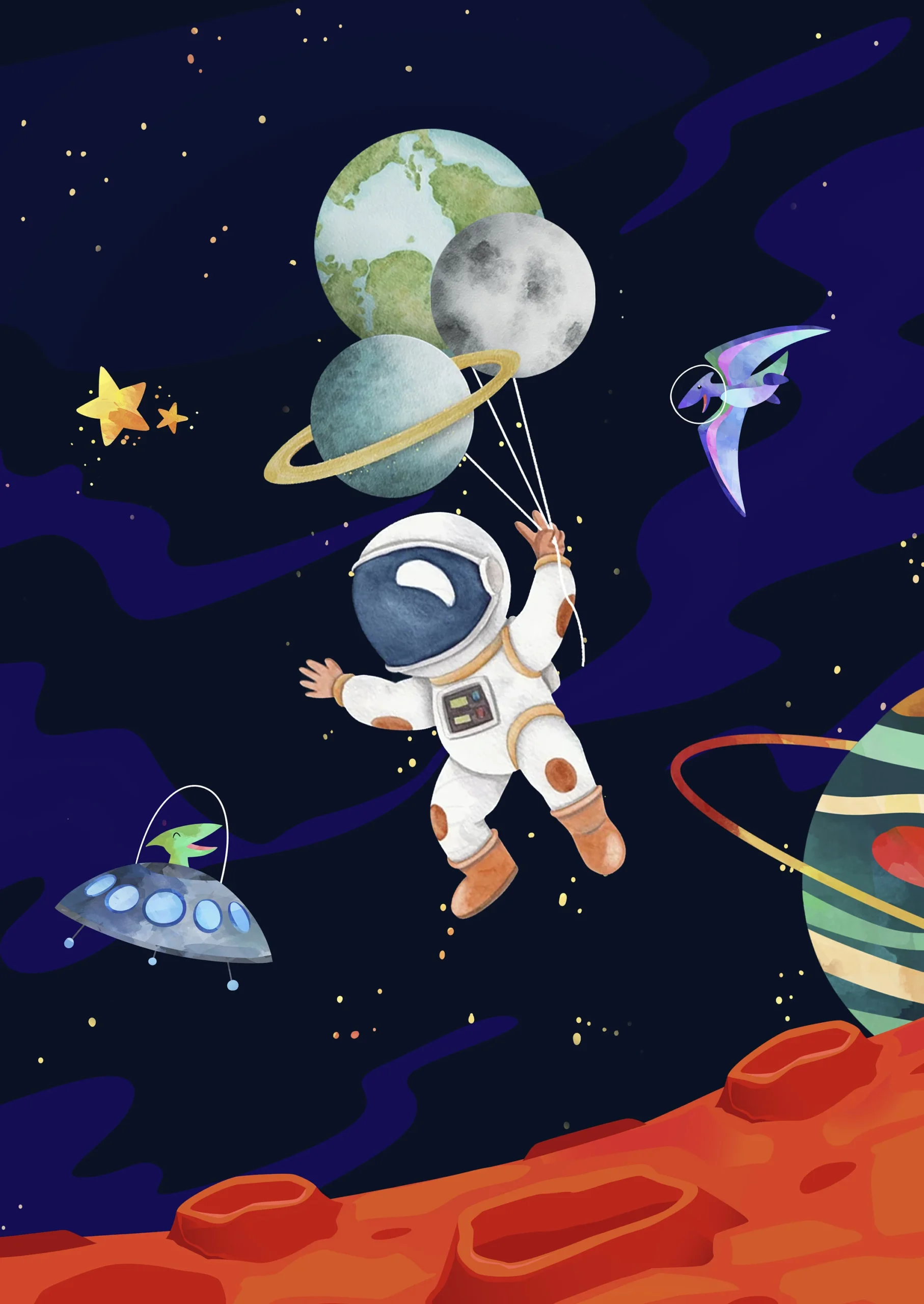 Kosmiczne dinozaury i astronauci - plakat dla dzieci Wzór 4