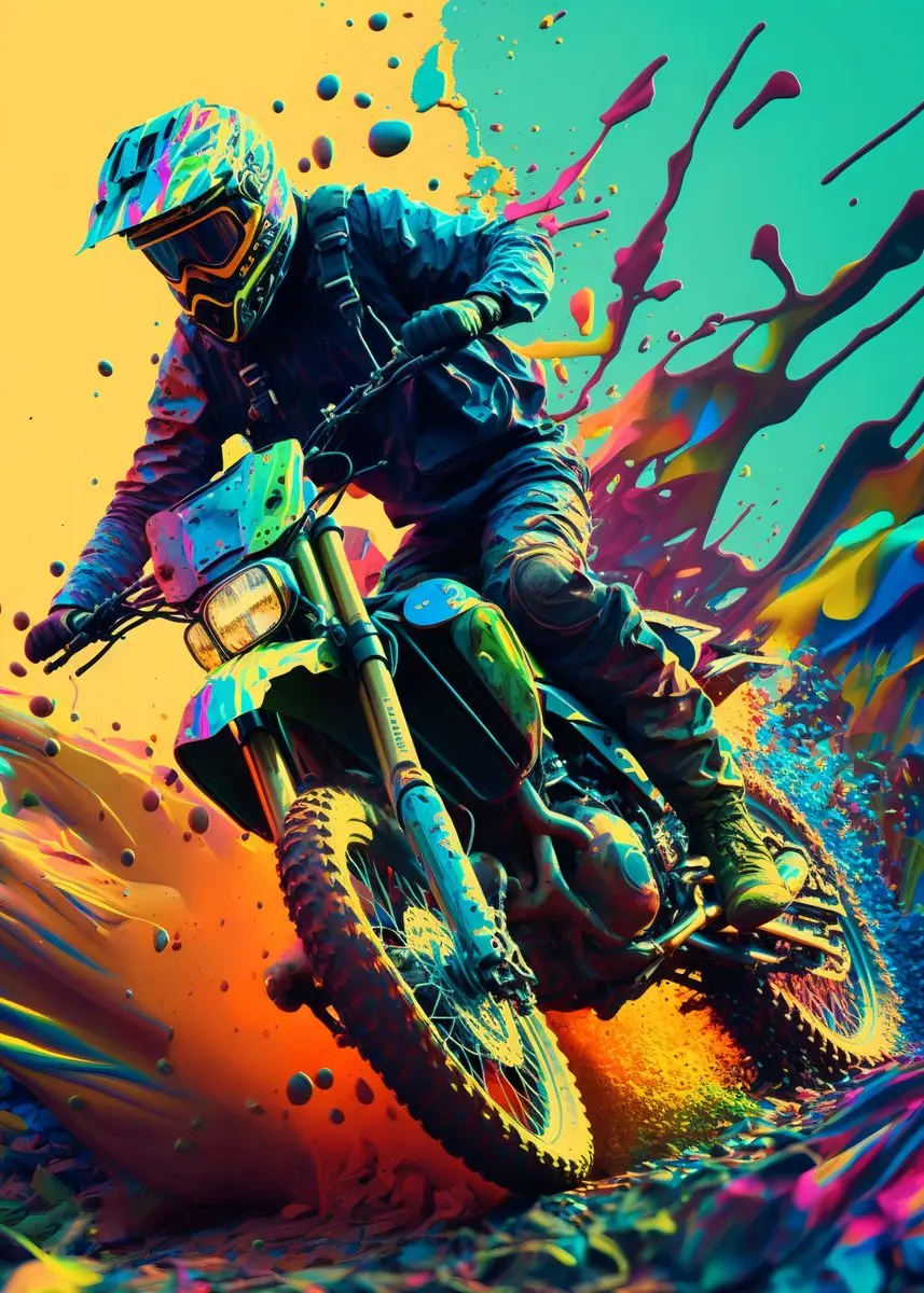 Kolorowy plakat z motocyklem dirt bike Biały