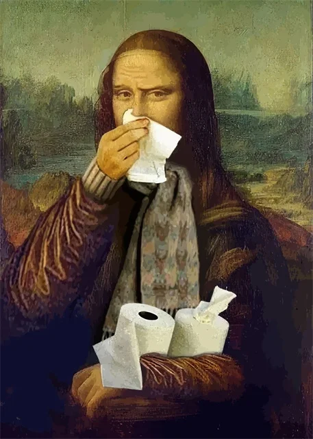 Mona Lisa w łazience - zabawny plakat mem Biały