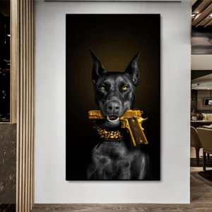Plakat z czarnym dobermanem Biały