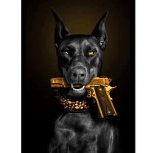 Plakat z czarnym dobermanem i lwem Czerwony