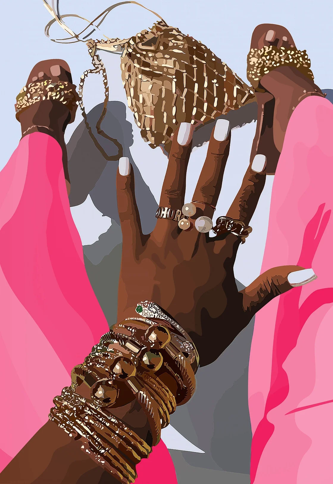 Dziewczyna afro ze złotą biżuterią - plakat na płótnie Niebieski