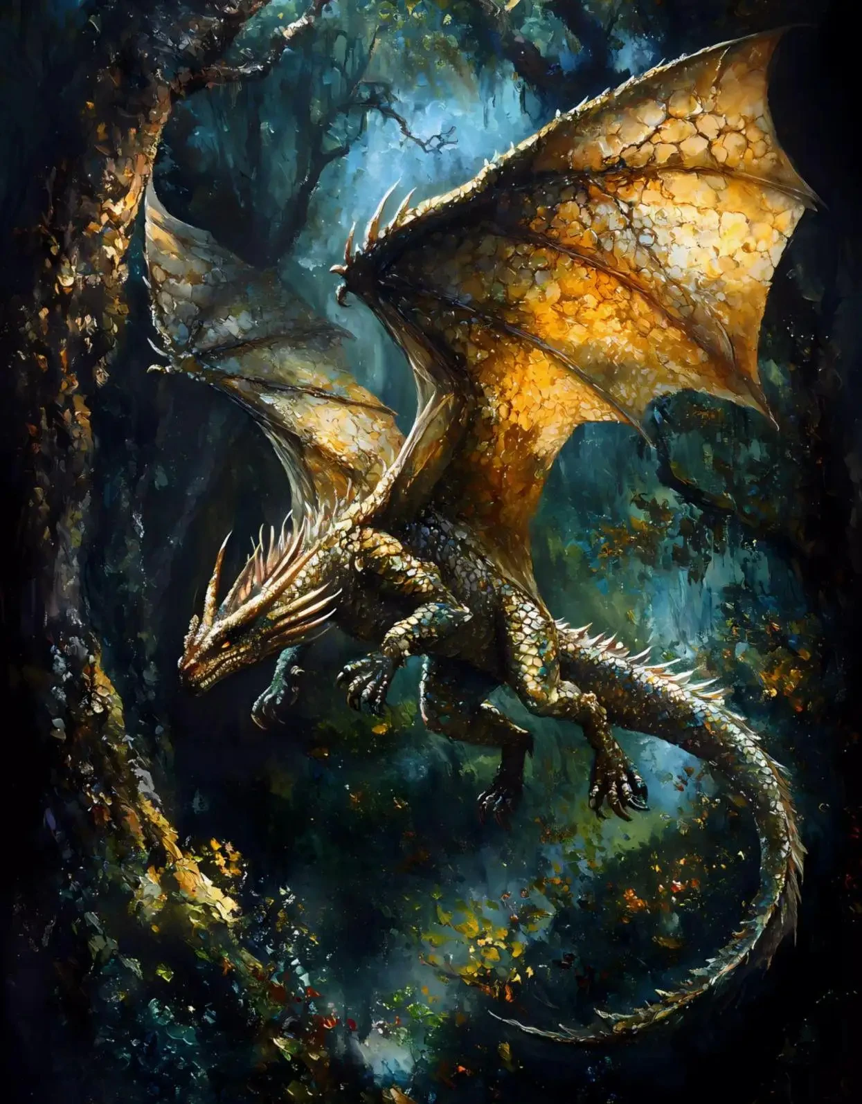 Fantasy smok - plakat na płótnie żółty