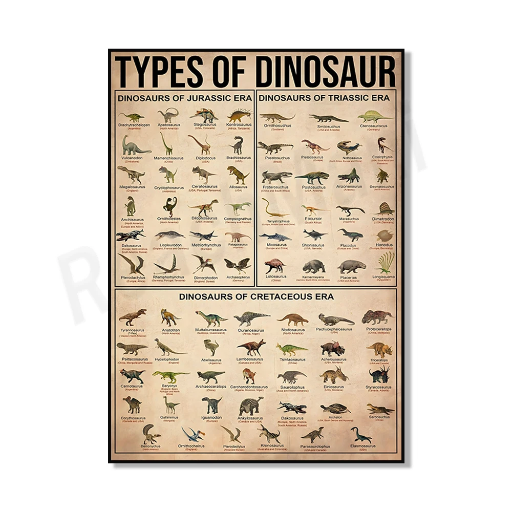 Plakat edukacyjny gatunki dinozaurów Biały