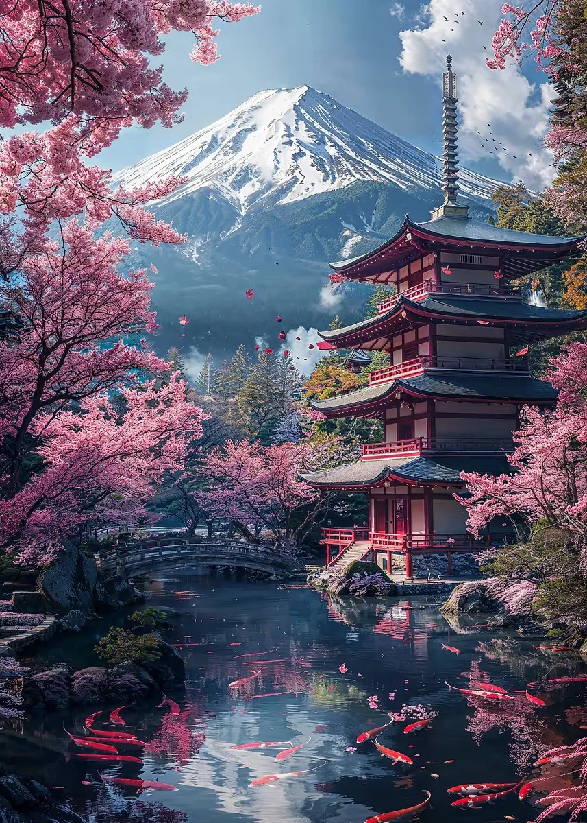 Kwitnąca wiśnia i góra Fuji – plakat japoński Wzór 11