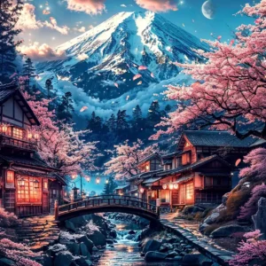 Kwitnąca wiśnia i góra Fuji - plakat japoński Wzór 1
