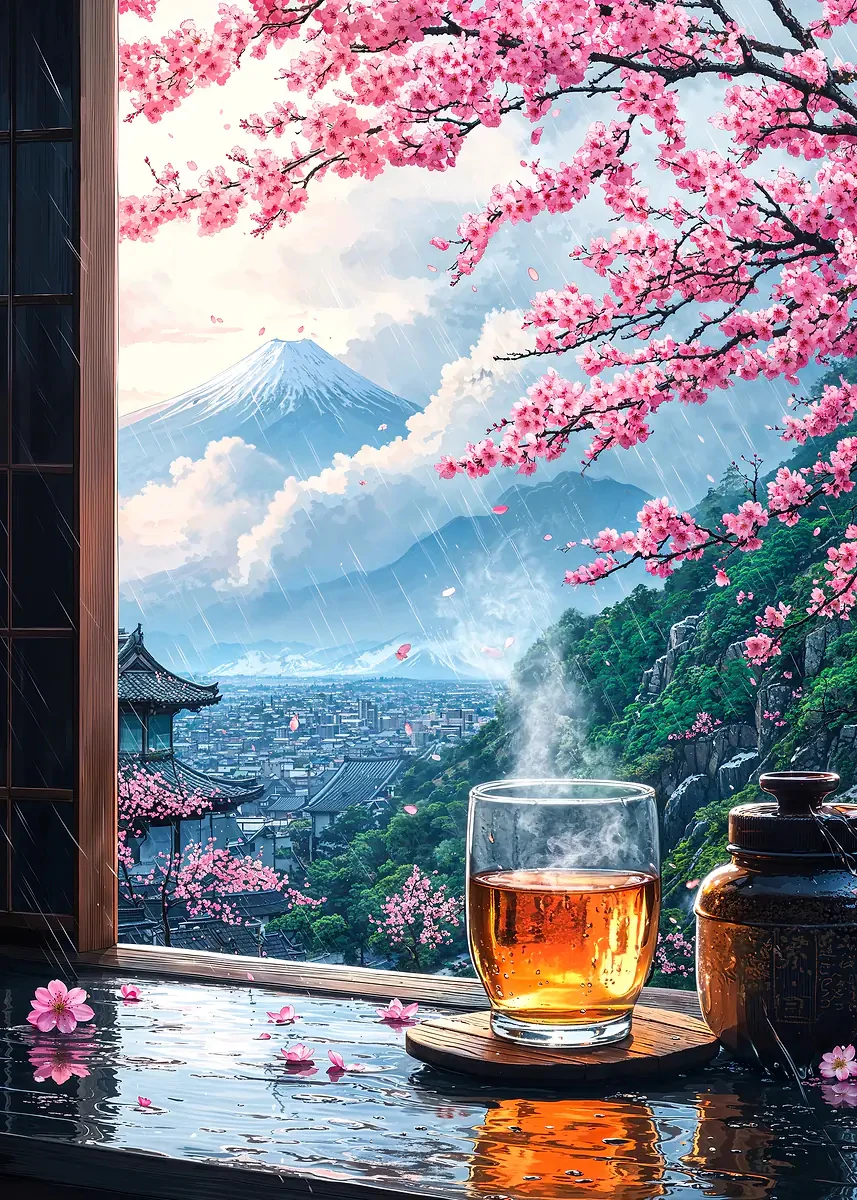 Kwitnąca wiśnia i góra Fuji - plakat japoński Wzór 4