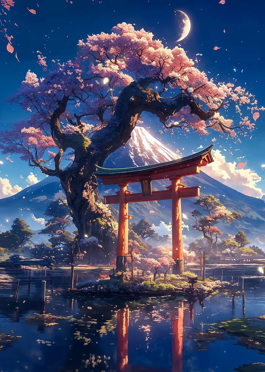Kwitnąca wiśnia i góra Fuji - plakat japoński Wzór 5