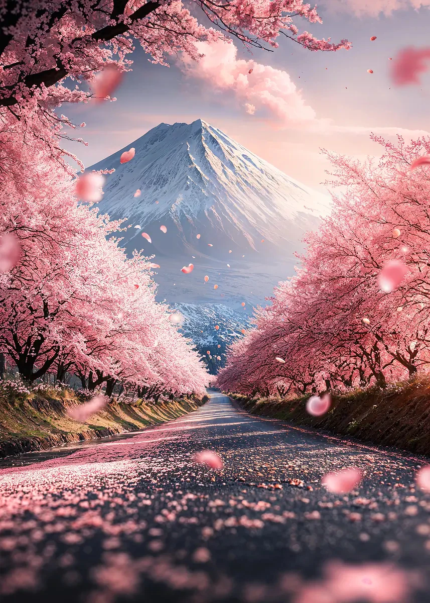 Kwitnąca wiśnia i góra Fuji - plakat japoński Wzór 6