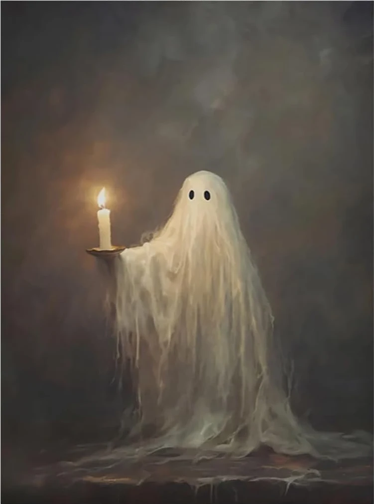 Plakat Halloween - upiorny duch przy świecy vintage Biały