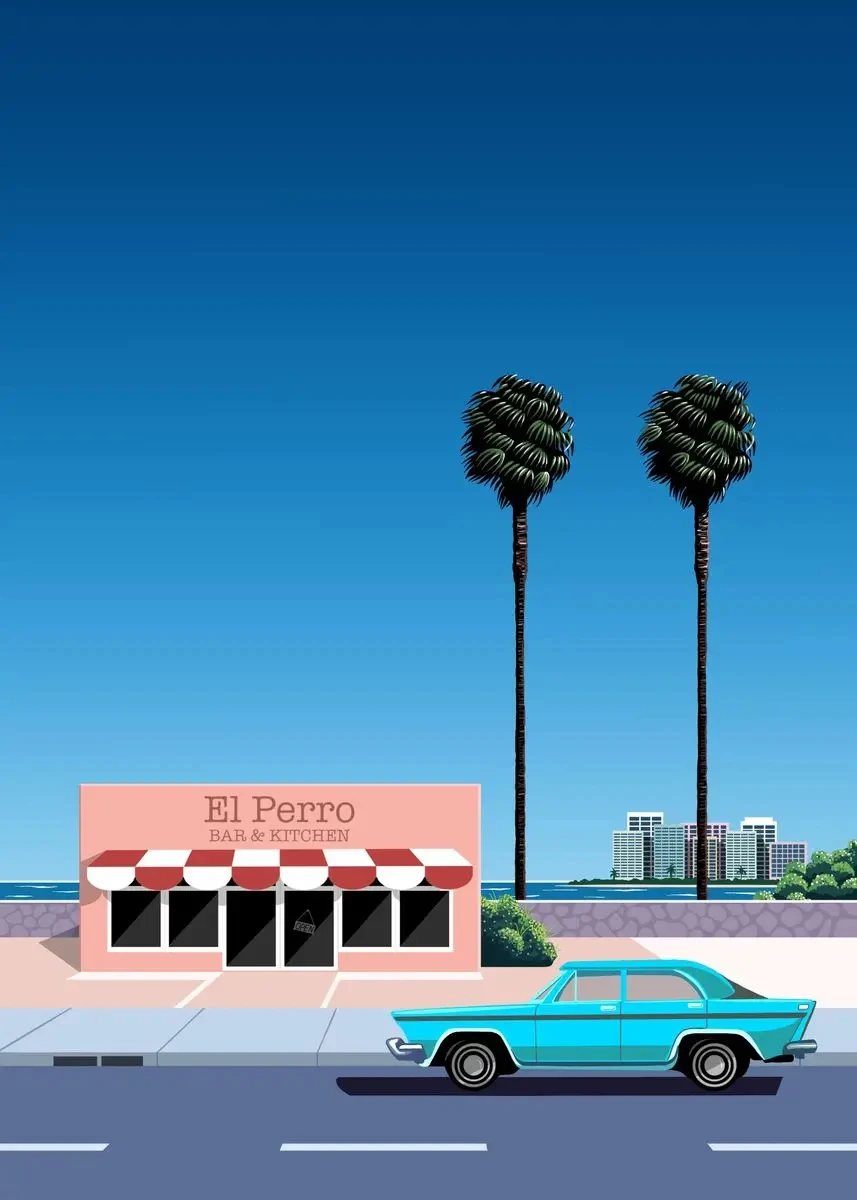 Plakat Hiroshi Nagai retro miasto o zachodzie Ciemny szary