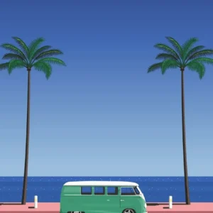 Plakat Hiroshi Nagai retro miasto o zachodzie Jasny