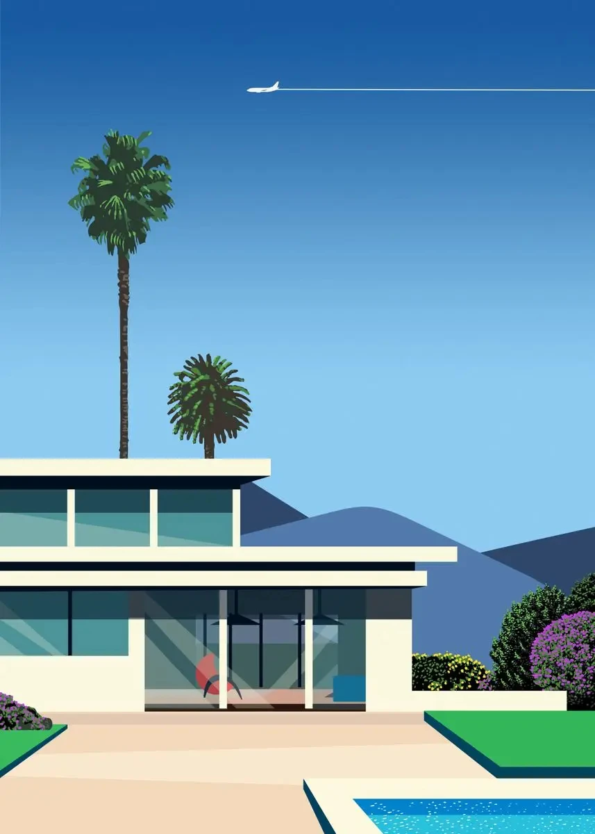 Plakat Hiroshi Nagai retro miasto o zachodzie Niebieski