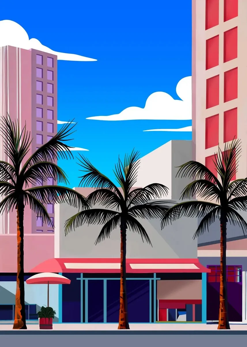 Plakat Hiroshi Nagai retro miasto o zachodzie Pomarańczowy