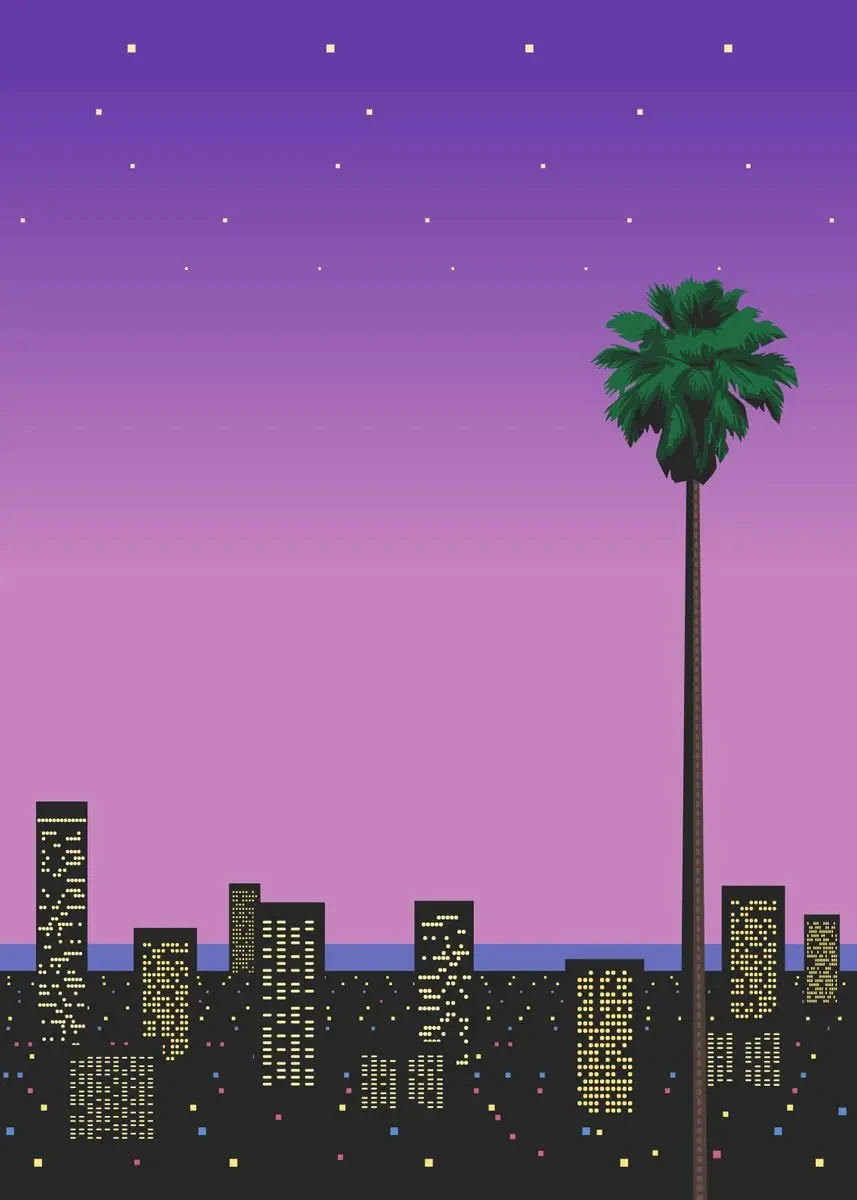 Plakat Hiroshi Nagai retro miasto o zachodzie śliwka