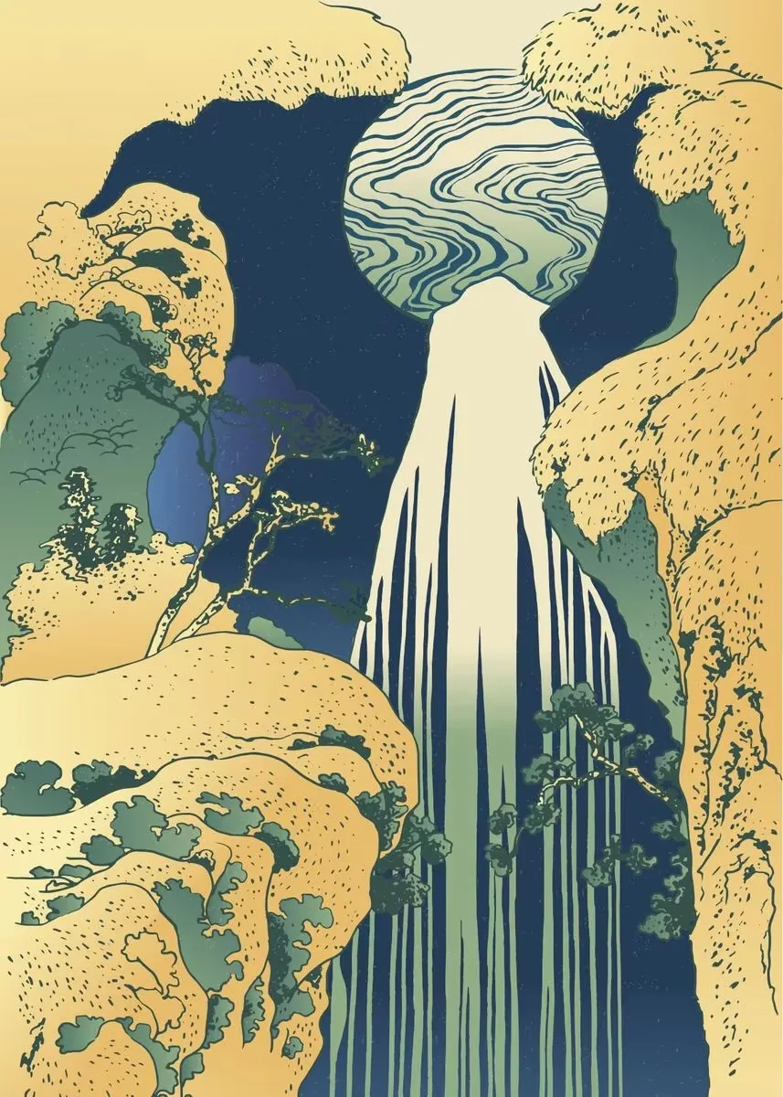 Plakat Hokusai Japoński Wodospad Burgundia