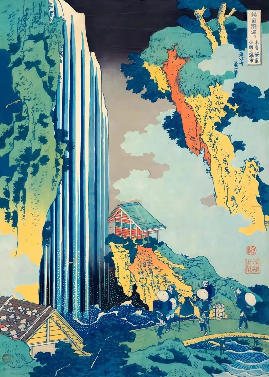 Plakat Hokusai Japoński Wodospad Granatowy