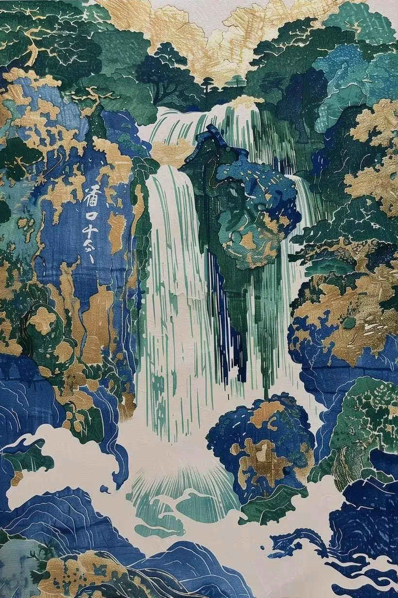 Plakat Hokusai Japoński Wodospad Jasnoszary