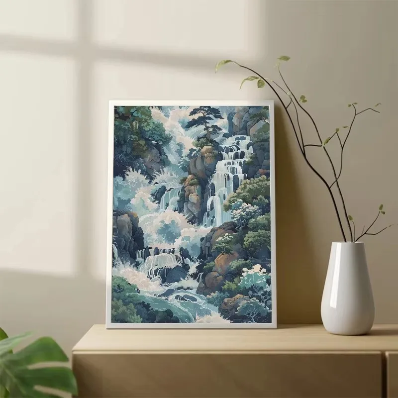 Plakat Hokusai Japoński Wodospad żółty