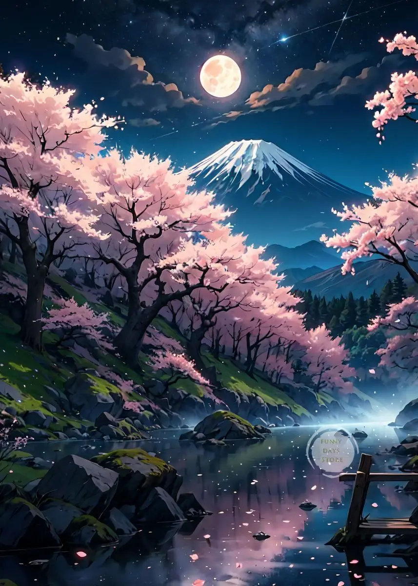 Japonia, kwitnąca wiśnia i świątynia – plakat krajobraz Wzór 12