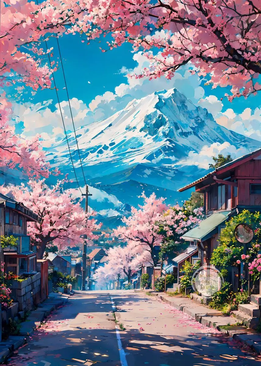 Japonia, kwitnąca wiśnia i świątynia – plakat krajobraz Wzór 5