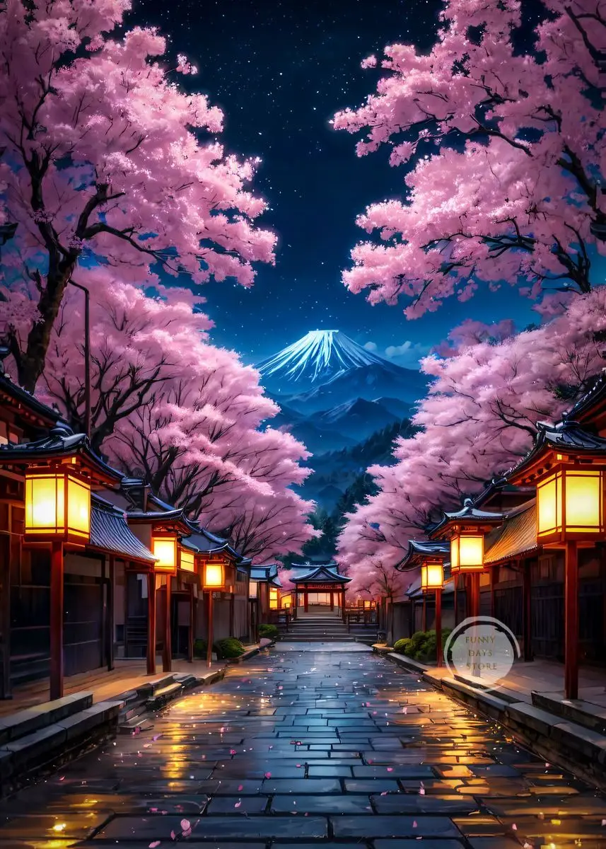 Japonia, kwitnąca wiśnia i świątynia – plakat krajobraz Wzór 6