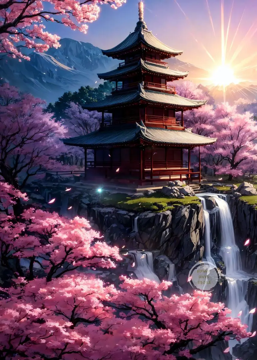 Japonia, kwitnąca wiśnia i świątynia – plakat krajobraz Wzór 7