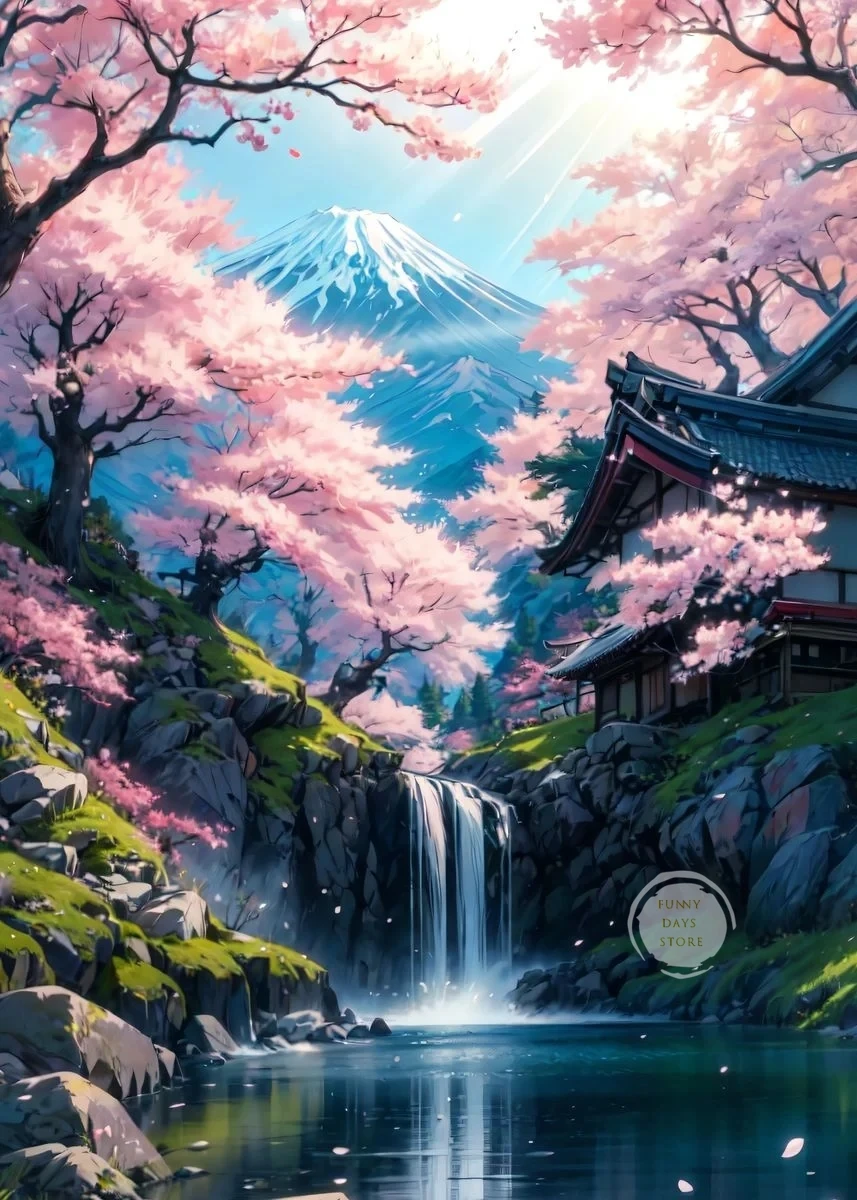 Japonia, kwitnąca wiśnia i świątynia – plakat krajobraz Wzór 8