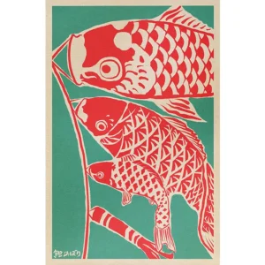 Plakat japoński kot szczęścia i Daruma - styl retro Czerwony