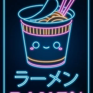Plakat z japońskim kotem i ramenem w stylu kawaii Czarny