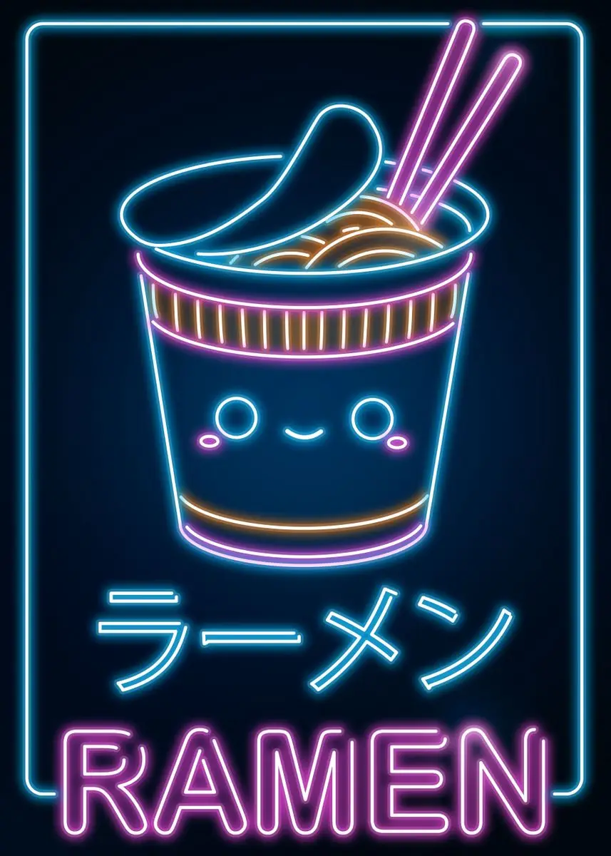 Plakat z japońskim kotem i ramenem w stylu kawaii Czarny