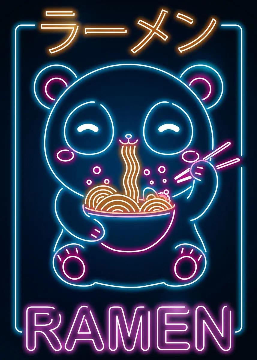 Plakat z japońskim kotem i ramenem w stylu kawaii Fioletowy
