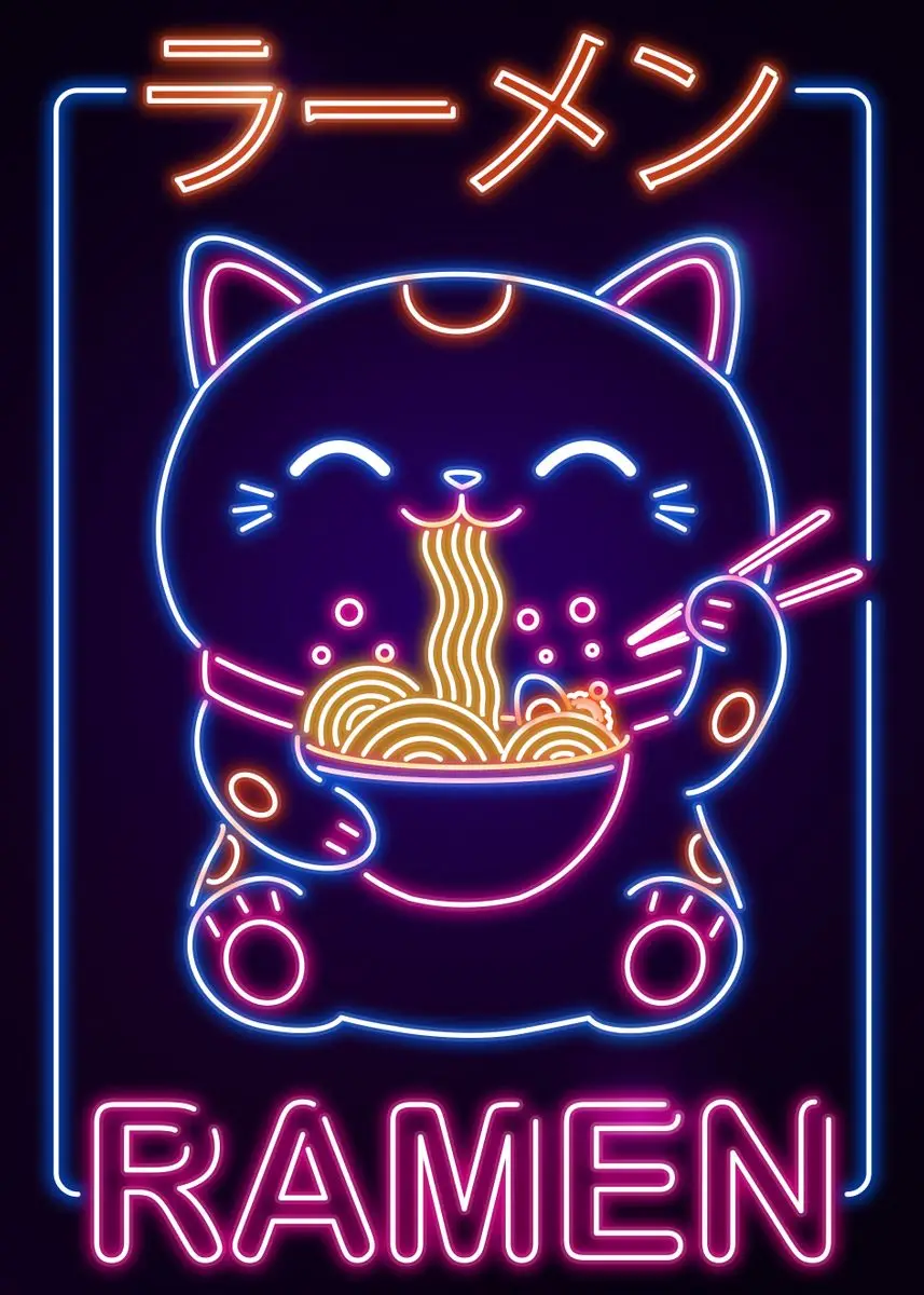 Plakat z japońskim kotem i ramenem w stylu kawaii Fioletowy/фиолетовый