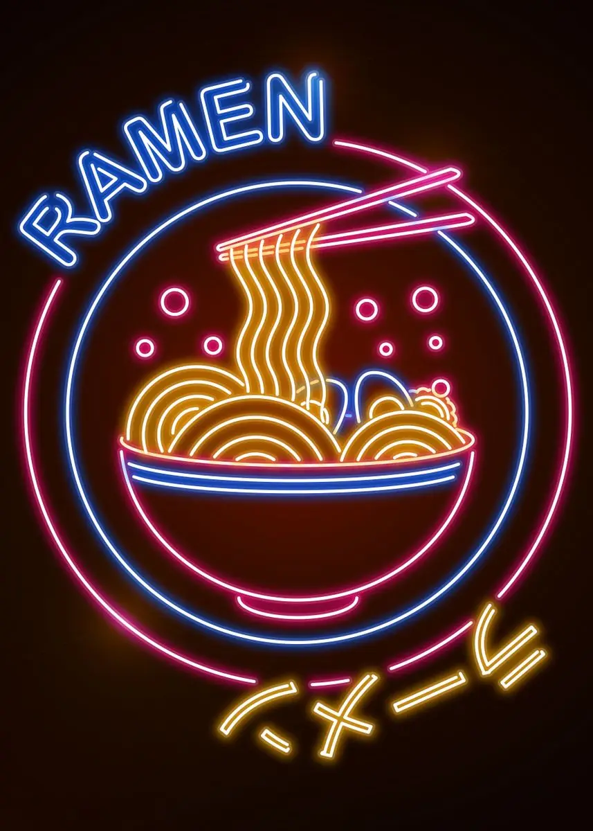 Plakat z japońskim kotem i ramenem w stylu kawaii Granatowy