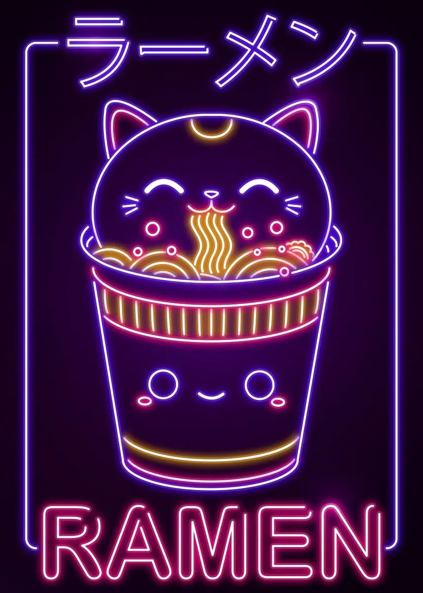 Plakat z japońskim kotem i ramenem w stylu kawaii Jasnozielony