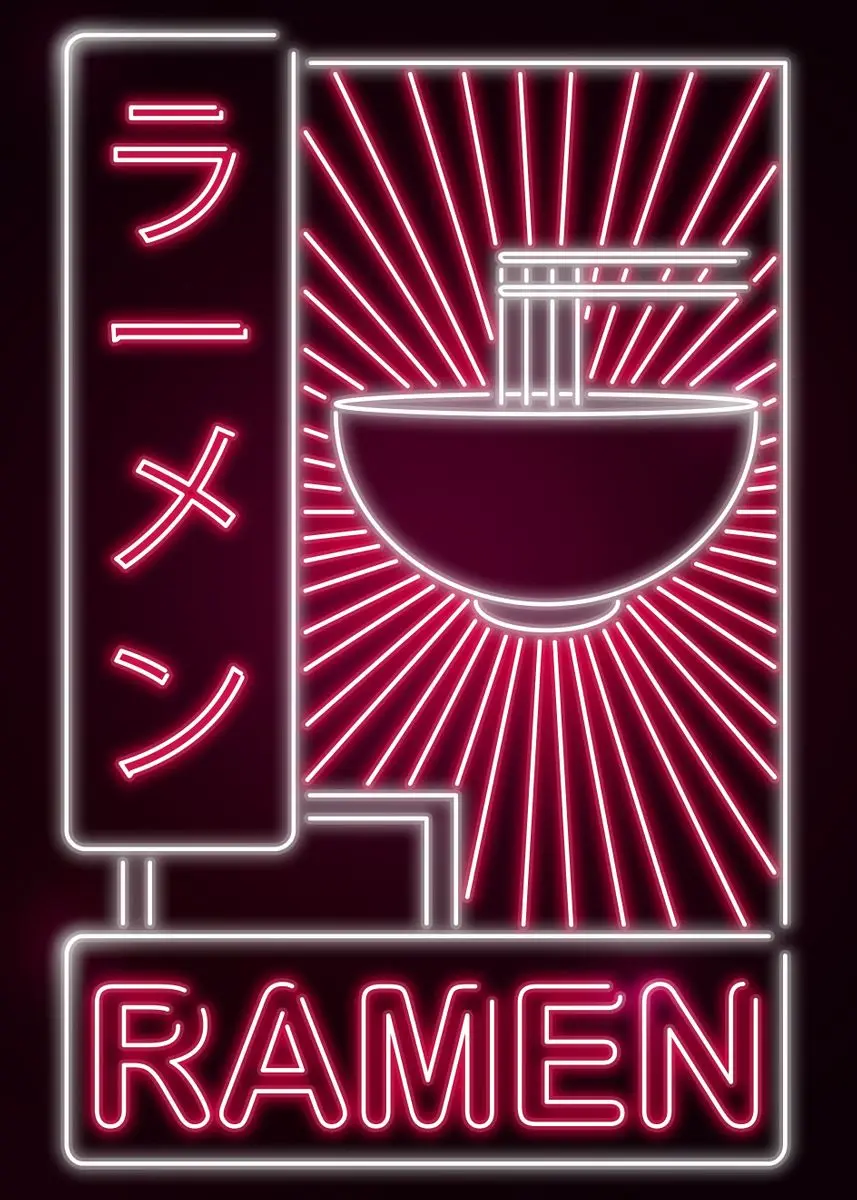 Plakat z japońskim kotem i ramenem w stylu kawaii Jasnożółty