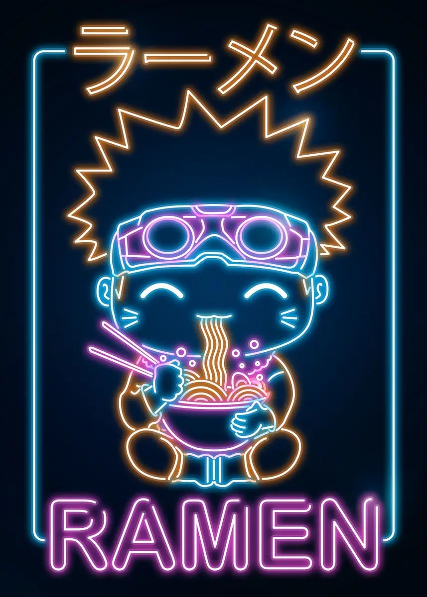 Plakat z japońskim kotem i ramenem w stylu kawaii Niebieski