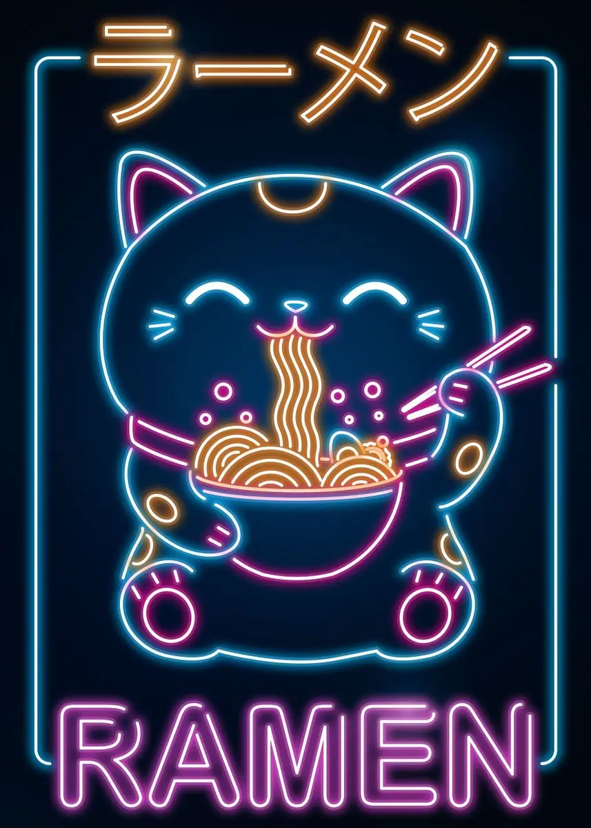 Plakat z japońskim kotem i ramenem w stylu kawaii żółty