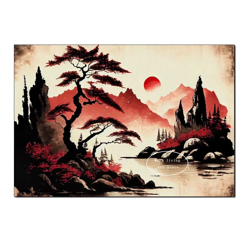 Plakat japoński krajobraz - góra Fuji i kwiaty wiśni Wzór 1