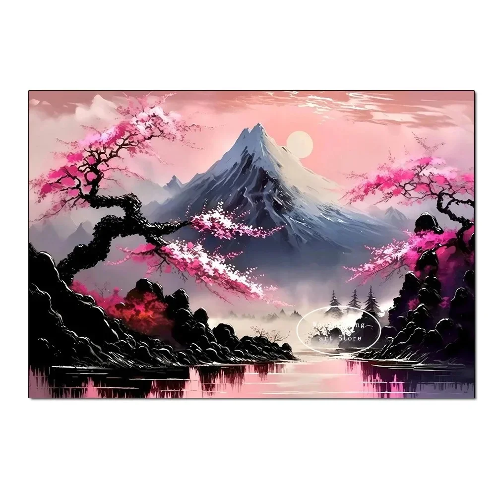 Plakat japoński krajobraz - góra Fuji i kwiaty wiśni Wzór 2