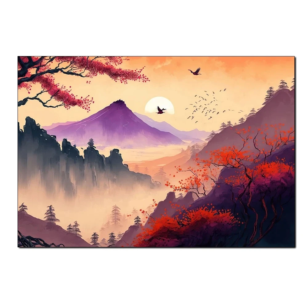 Plakat japoński pejzaż – klimatyczna grafika do salonu Armijna zieleń