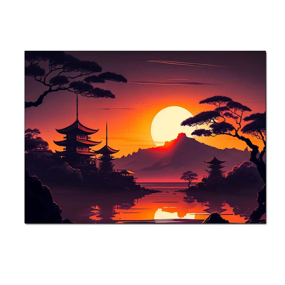 Plakat japoński pejzaż - klimatyczna grafika do salonu Fioletowy