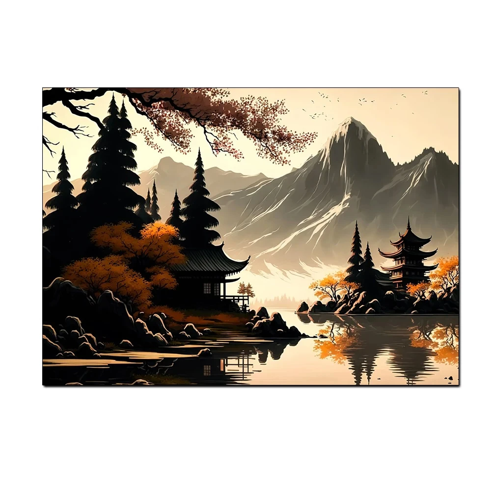 Plakat japoński pejzaż - klimatyczna grafika do salonu Niebieski