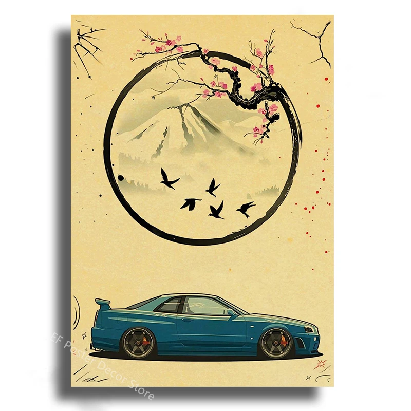 Plakat z japońskim samochodem JDM w stylu samurai Ciemny szary