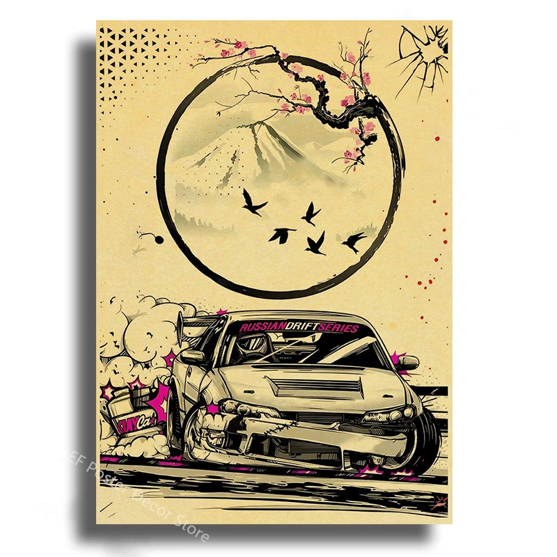 Plakat z japońskim samochodem JDM w stylu samurai Jasnoszary