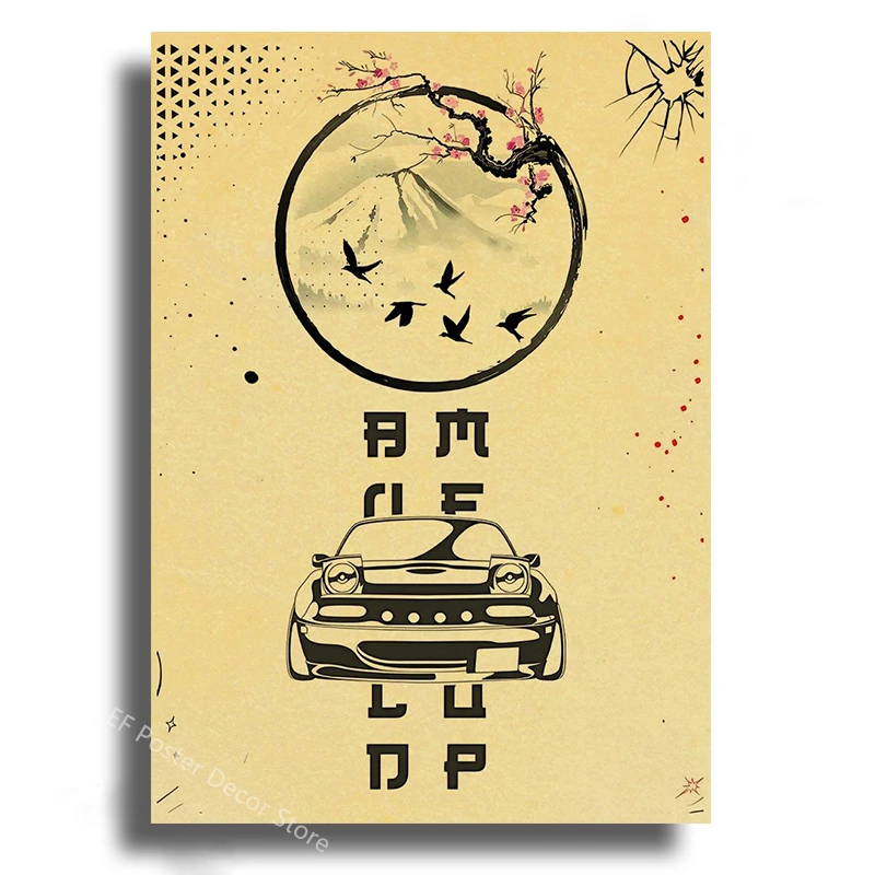 Plakat z japońskim samochodem JDM w stylu samurai Niebieski