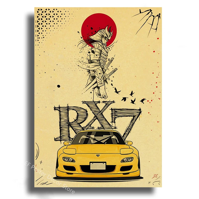 Plakat z japońskim samochodem JDM w stylu samurai śliwka